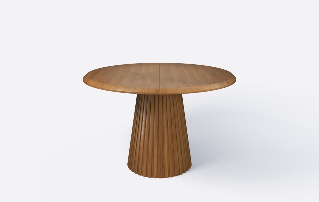 Stół okrągły na jednej nodze z lamelami, rozkładany.