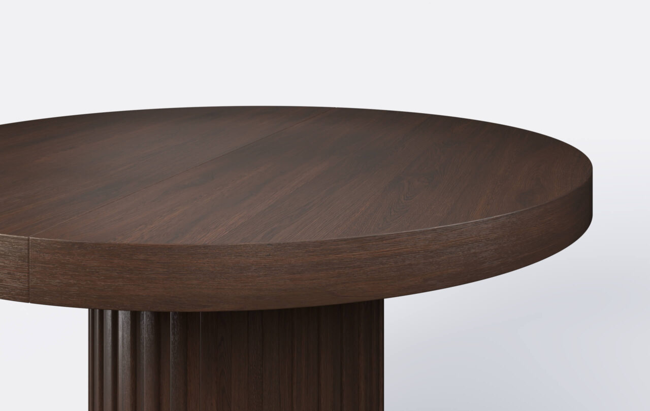 okrągły stół na jednej nodze z lamelami, możliwość rozkładania.