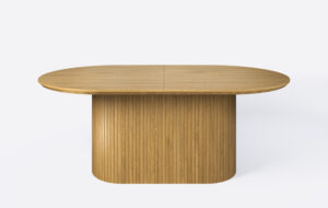 Stół do jadalni owalny na jednej nodze z lamelami, blat podcięty od dołu, rozkładany.