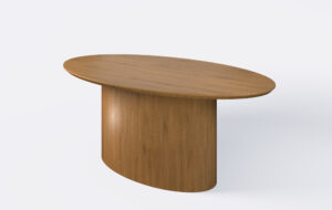 stół w kształcie elipsy, rozkładany, na jednej nodze.