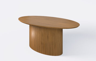 stół w kształcie elipsy, rozkładany, na jednej nodze.