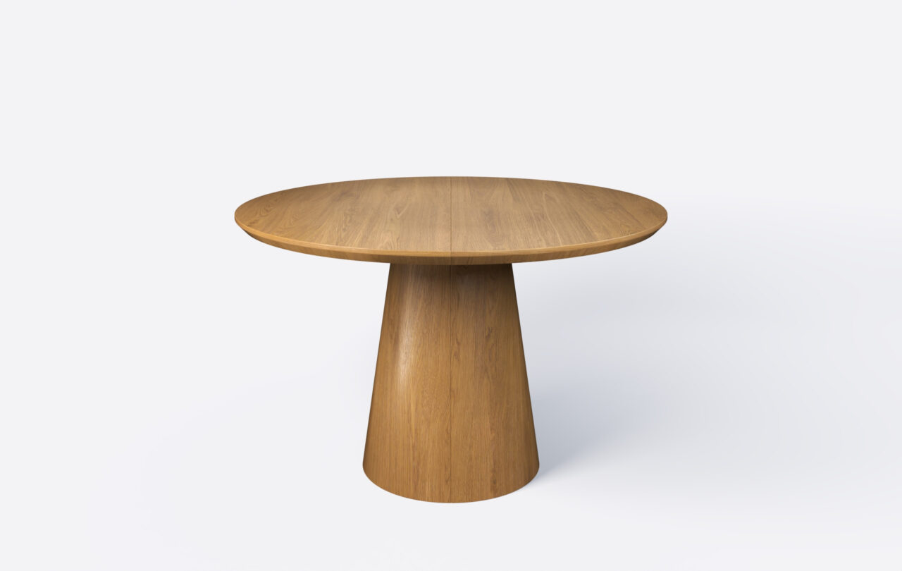 stół okrągły na jednej nodze w kształcie stożka, rozkładany.