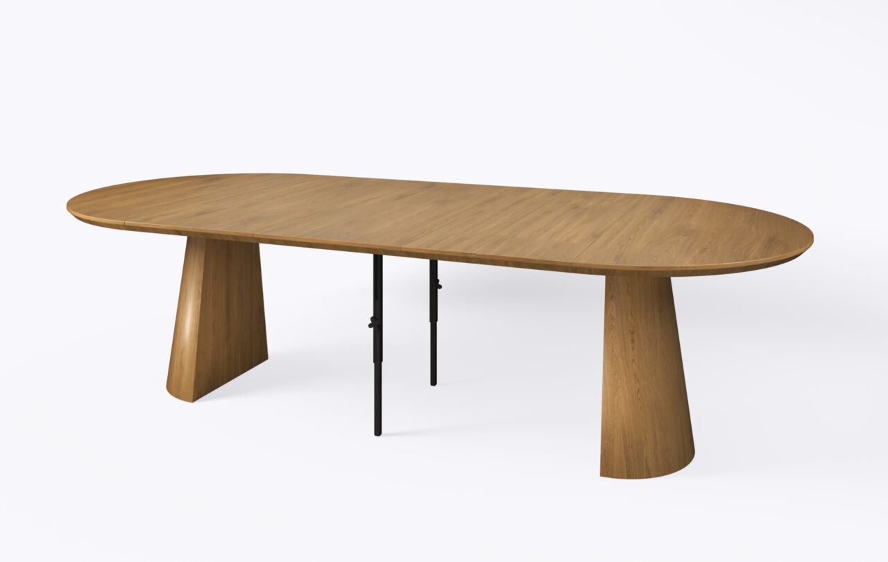 stół okrągły na jednej nodze w kształcie stożka, rozłożony i poszerzony o dodatkowe 3 wkłady.