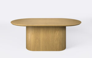 stół owalny na jednej nodze, blat fornirowany podcięty od dołu, możliwość rozkładania.