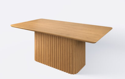 Stylowy stół prostokątny na jednej nodze z lamelami, rozkładany.