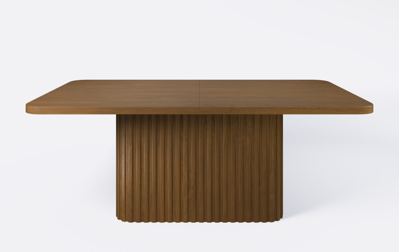 Stół prostokątny z lamelami, na jednej nodze, rozkładany.