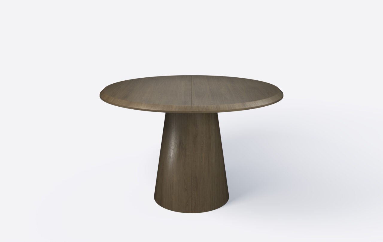 stół rozkładany okrągły na jednej nodze w kształcie stożka.