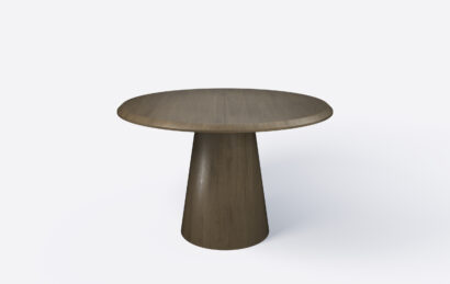 stół rozkładany okrągły na jednej nodze w kształcie stożka.