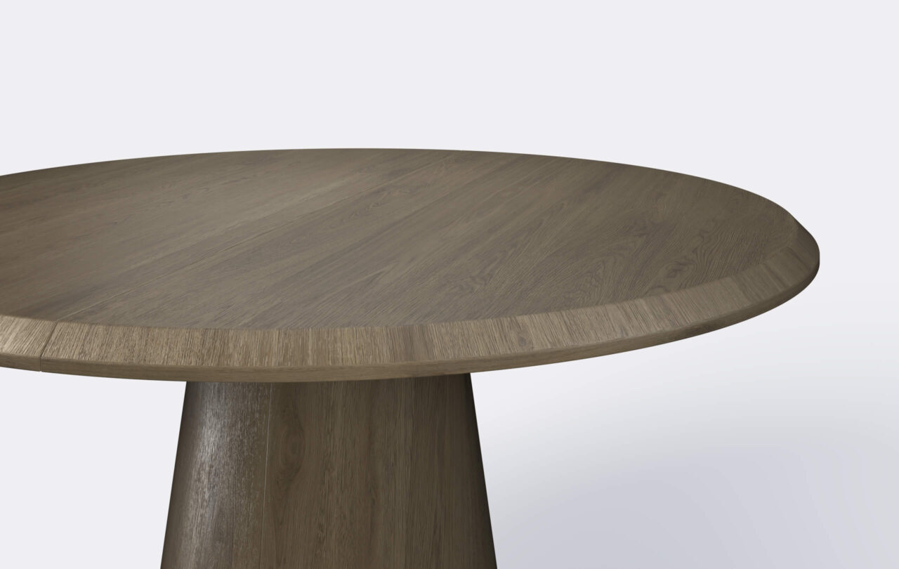 stół rozkładany okrągły na jednej nodze, krawędź blatu ścięta od góry.