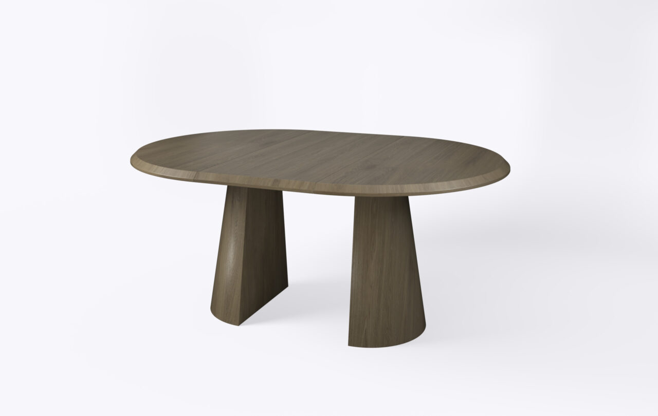 stół rozkładany okrągły na jednej nodze w kształcie stożka, rozłożony i poszerzony o jeden dodatkowy wkład.