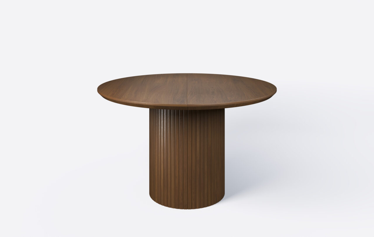 Stół na jednej nodze z lamelami rozkładany, krawędź blatu podcięta od dołu.