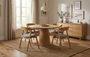 Dębowe krzesło Enso z tapicerowanym siedziskiem w salonie.