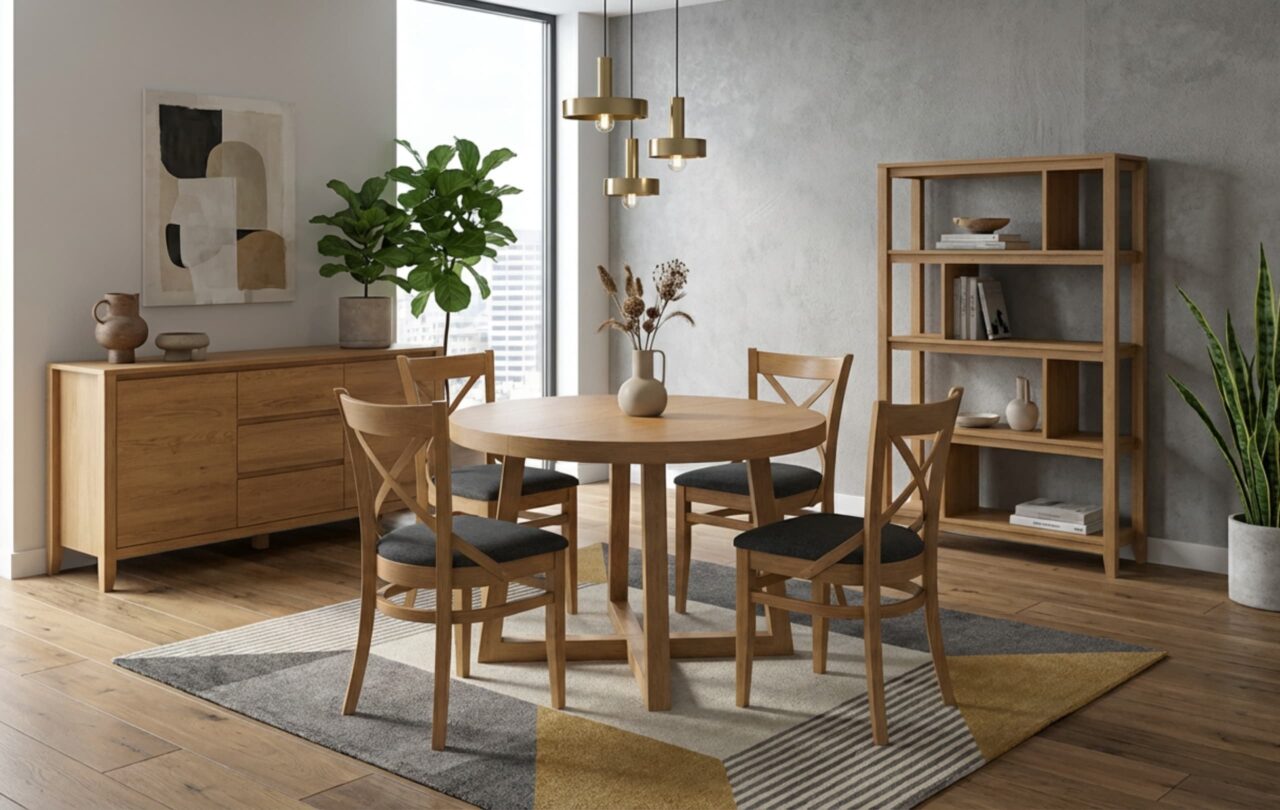 Jasne krzesło krzyżak z tapicerowanym siedziskiem w salonie.