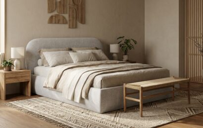 Łóżko sypialniane Sutil w wnętrzu w stylu japandi.