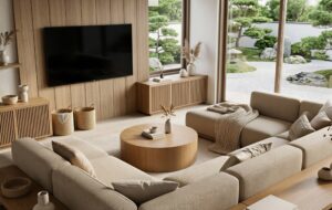 Niski stolik o okrągłym kształcie w dużym salonie.