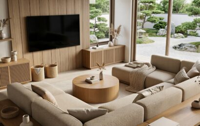 Niski stolik o okrągłym kształcie w dużym salonie.