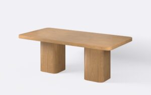Obły stół jadalniany, o minimalistycznych design, wykonany z naturalnego forniru dębowego.