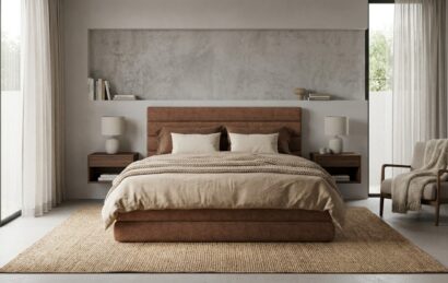 Łóżko tapicerowane Barra w nowoczesnej sypialni.