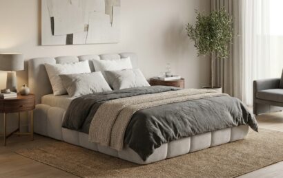 Łóżko tapicerowane Nuve z otwieranym pojemnikiem w nowoczesnej sypialni.