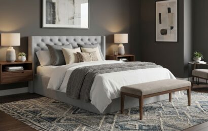 Łóżko Kimuri z pikowanym zagłówkiem.